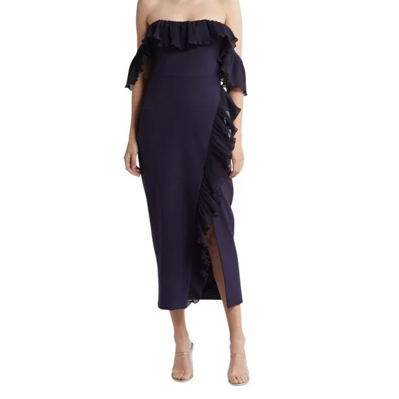 Likely Navy Blue Ruffle Off Shoulder‎ Midi Dress Formal Evening Gown Size 12 - Picture 2 of 16